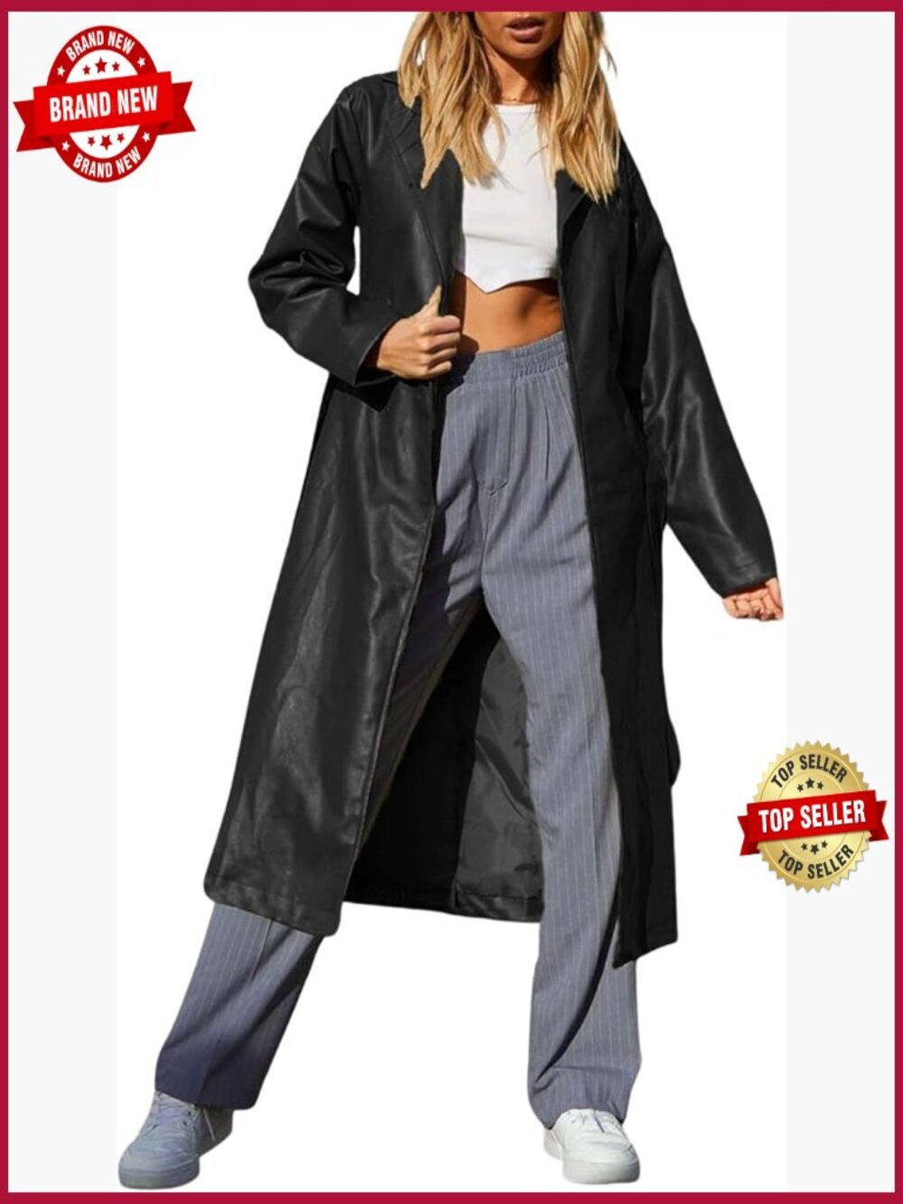 Faux Leather Long Trench Coat with Belt Open Front Notch Lapel